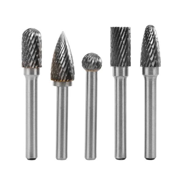 

promotion 5x tungsten carbide rotary cutting burr set grinder bit 1/4 inch (6mm) shank 10mm chamfering carving tools silver