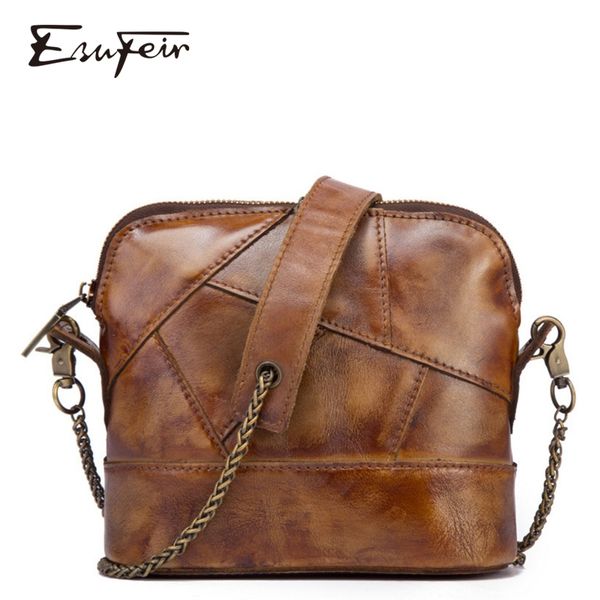 

vintage genuine leather women crossbody bag brown patchwork natural leather shoulder bag casual chain small women shell