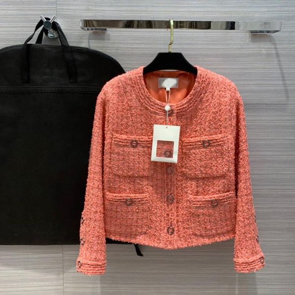 

retro tweed jackets women solid color o-neck single breasted elegant coat out wear flower print liner runway design, Black