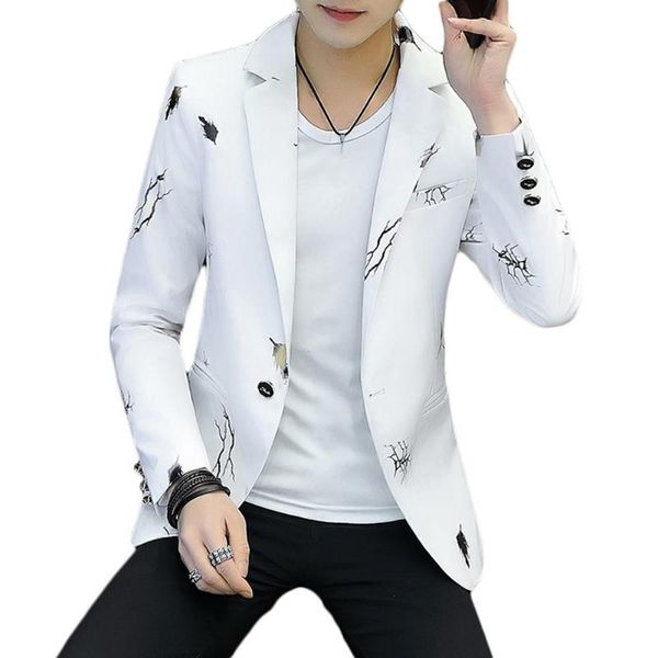 

fashion men printed long sleeve lapel one button slim blazer suit jacket coat, White;black