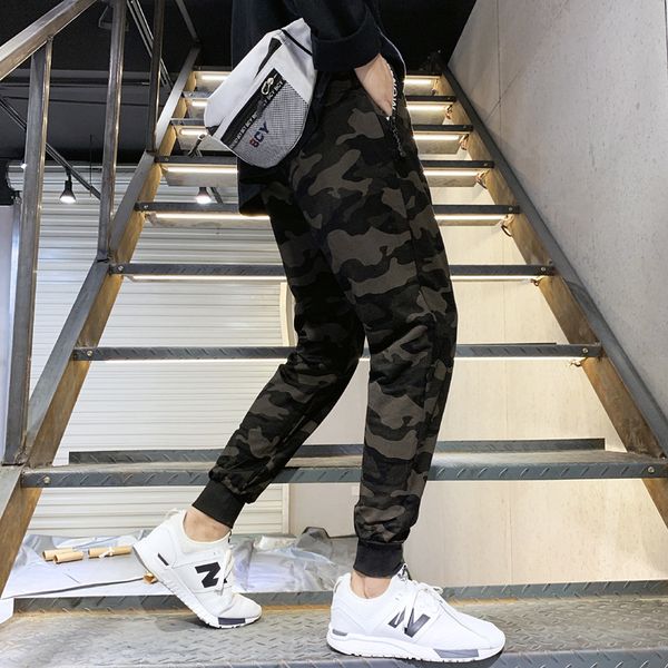 

2019 spring and autumn korean-style new style bib overall men's popular brand beam leg loose casual pants men's camouflage pants, Black