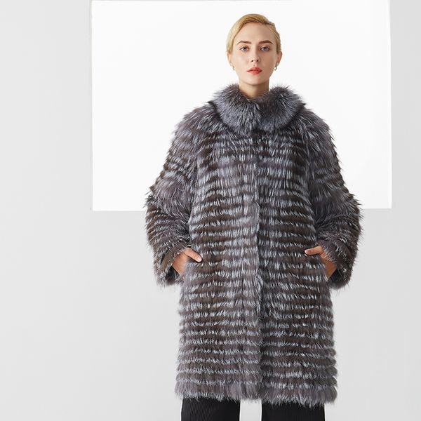 

women's fur & faux winter real coat women elegant luxury gray color natural long covered jackets female plus size, Black