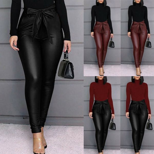 

women's pants & capris women night club pu leather stretch pencil slim streetwear skinny high waist trousers 2021, Black;white