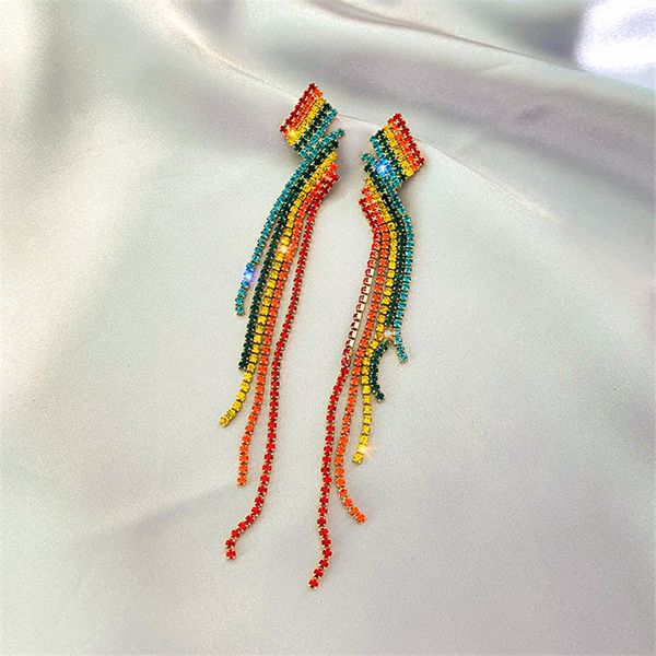 

6style colorful rainbow crystal earrings for women bijoux long tassel rhinestone dangle earrings party jewelry accessories, Silver