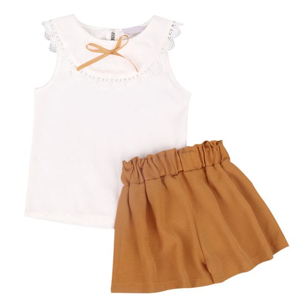 

2019 new two piece doll collar vest shorts cotton girls set girl casual kids outfit summer clothes, White