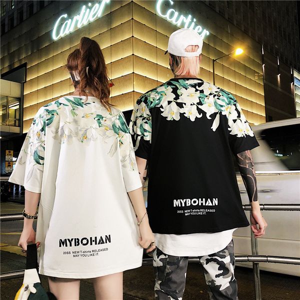 

2019 dropshipping summer flower print harajuku hip hop short sleeve shirt couples men and women casual t-shirt, White;black