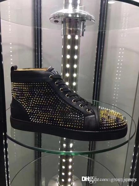 

rs france homme sneaker red bottom spiked shoes women,men spikes genuine leather luxury party wedding trainers high top, Black