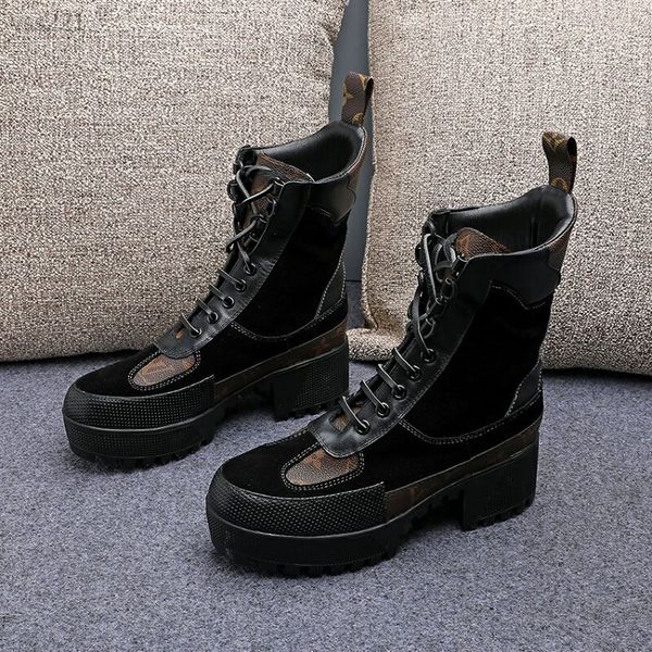 

2020 europe and america ankle boots luxury lace-up womens thick bottom waterproof heel shoes genuine leather high-end martin boots, Black