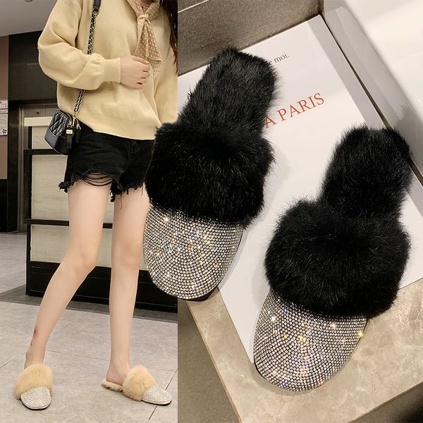 

round toe designer hair shoes women luxury 2019 rhinestone fur crystal slippers diamond mules slip on half slippers flats shoes y200106, Black