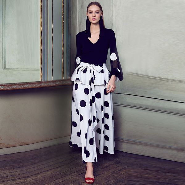 

2019 runway dress set women vintage v neck lantern sleeve silk blouse and polka dot bow skirt two pieces set, White