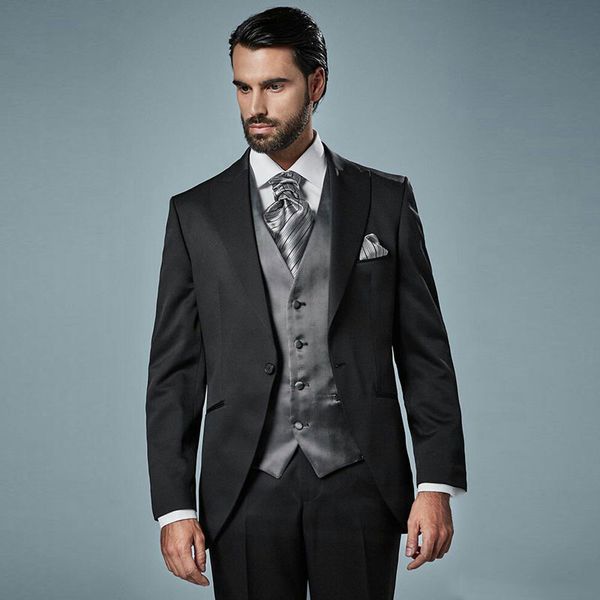 

vintage black groom tuxedo men suits wedding peaked lapel man blazer costume homme 3piece latest coat pants design terno masculino, Black;gray
