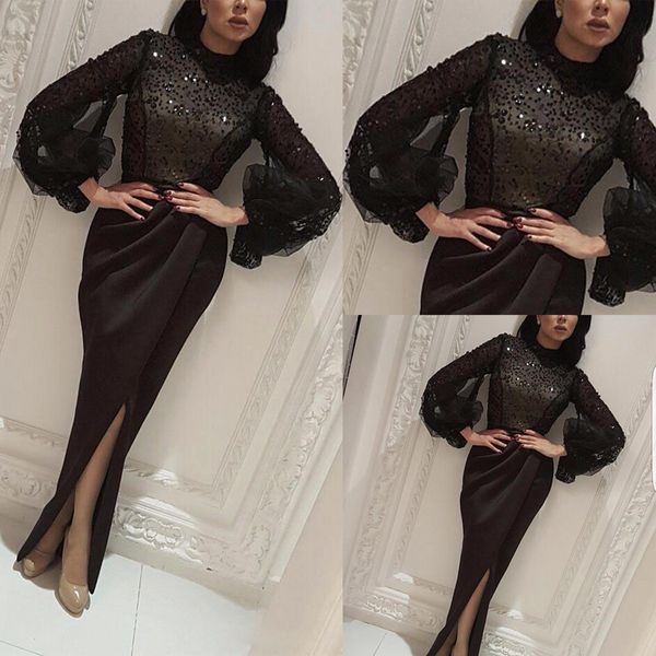 

black robes de caftan abaya dubai beads o neck long sleeves mermaid long split formal party evening celebrity satin prom dresses gowns, Black;red