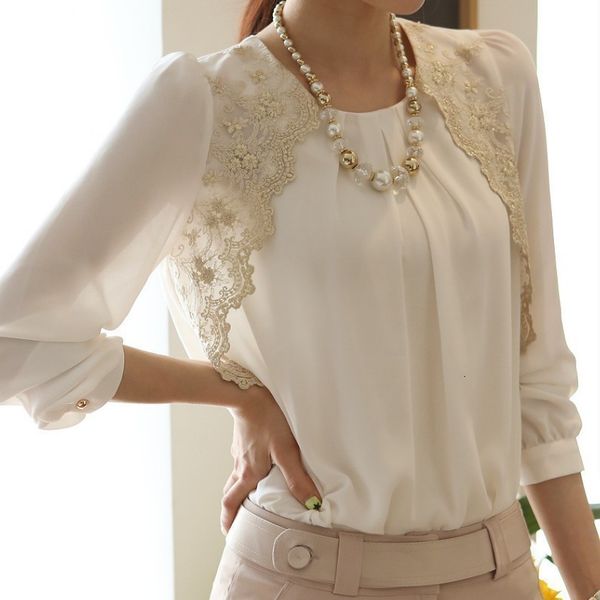 

plus size blouses for women long sleeve loose chiffon blouse feminine lace embroidery patchwork o neck shirt female office 5xl, White