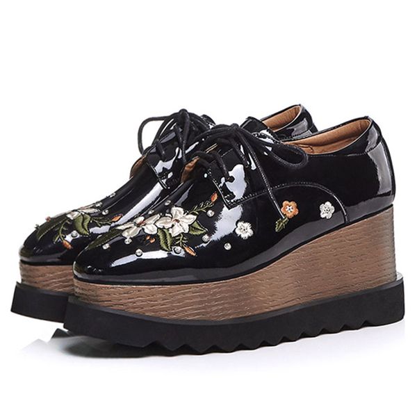 

agodor new fashion platform wedges heels women shoes embroidery lace-up real leather platform casual oxfords shoes, Black