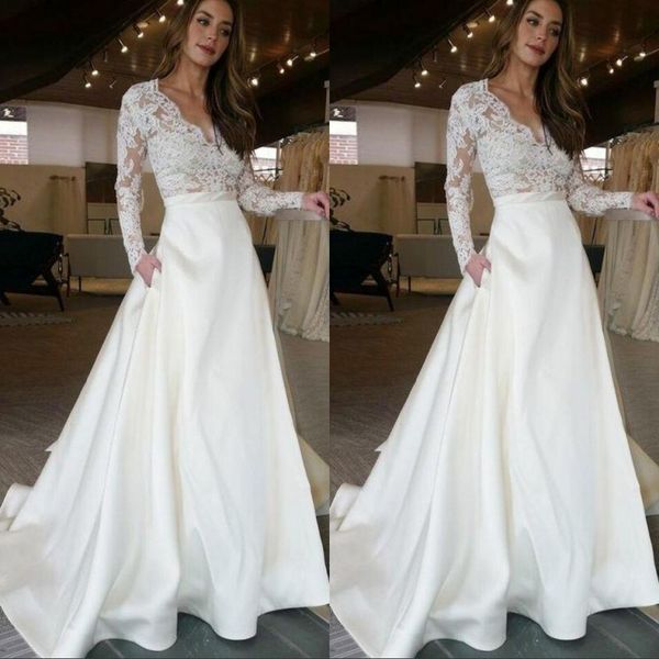 

длинные рукава свадебные платья 2020 sexy boho v-образным вырезом see-through карманный ivory lace a-line бич свадебное платье де noiva прая, White