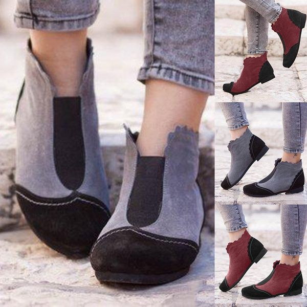 

muqgew women's boots fashion rome mixed color shoes boots retro short ankle low heels slip on shoes zapatos de mujer 2019, Black