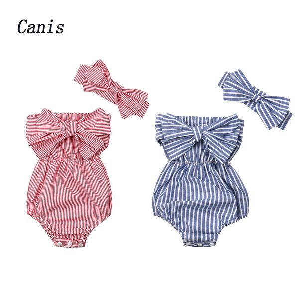 

newnew 2pcs baby girls clothes off shoulder striped bodysuit outfit +headband summer clothes, Blue