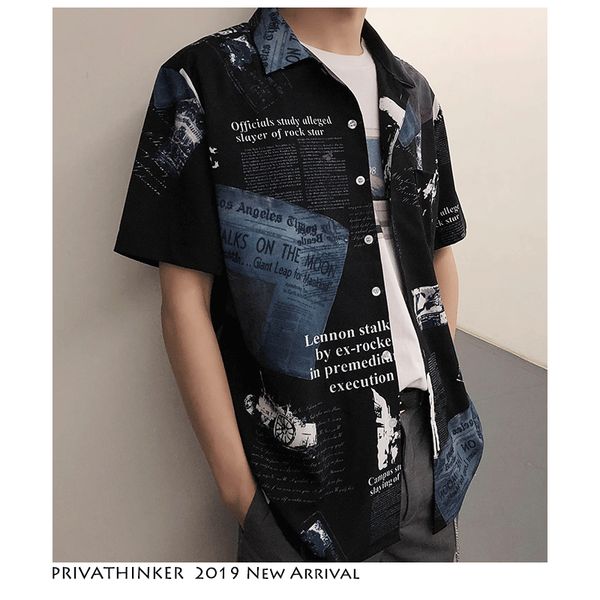 

men streetwear newspaper print shirt 2019 mens hip hop short sleeve shirts male summer vintage button black shirts, White;black