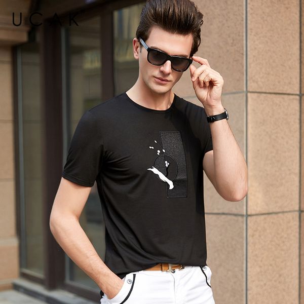 

ucak brand cotton t-shirts 2020 autumn new arrival casual tee shirt o-neck streetwear tshirts fashion style t shirt men u5052, White;black