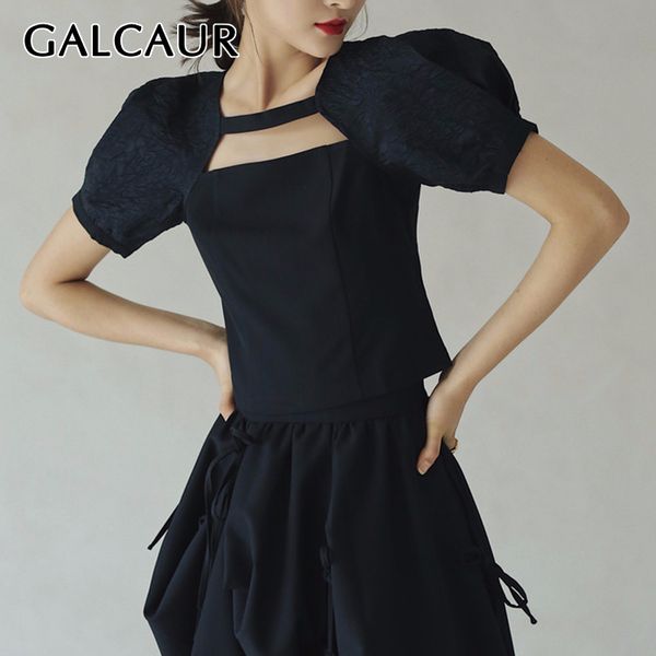 

galcaur women't-shirt square collar puff short sleeve hollow out tunic slim summer shirts female fashion clothing 2020 tide, White