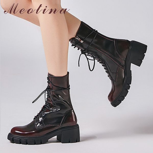 

meotina winter motorcycle boots women patent leather block high heel ankle boots zipper round toe shoes lady autumn red size 39, Black