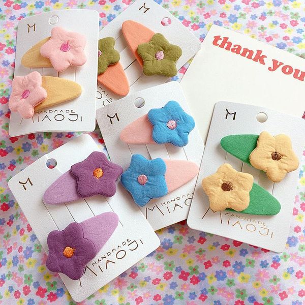 

korean style girl fashion cute hair pins flower color cotton fabric ins style hair clips for children accessories, Slivery;white