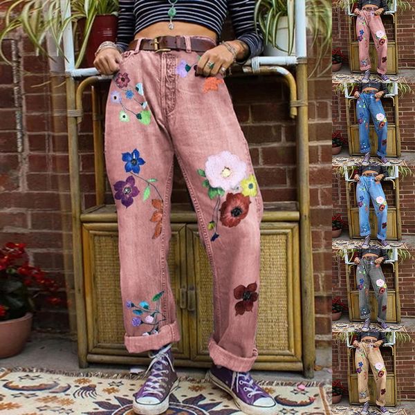 

2020 women straight leg floral print jeans high waist fit soft breathable new fashion denim pants fashion loose skinny pants, Blue
