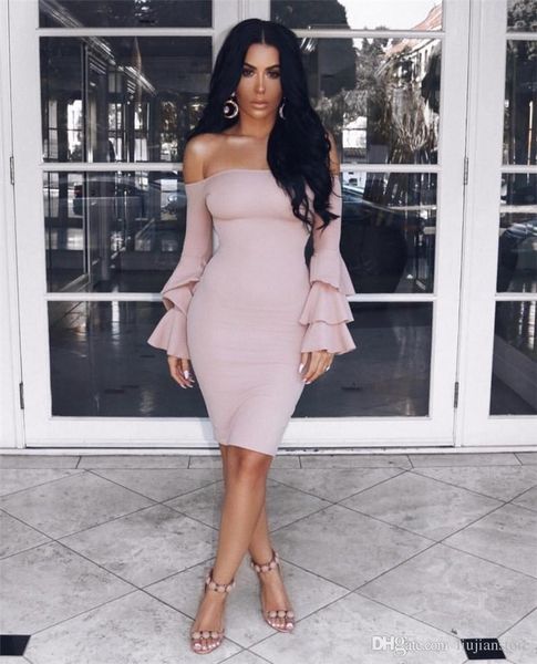 

Sexy Ladies Solid Print Dress Spring Designer Slash Neck Dresses Casual Womens Panelled Ruffle Sleeve Apparel