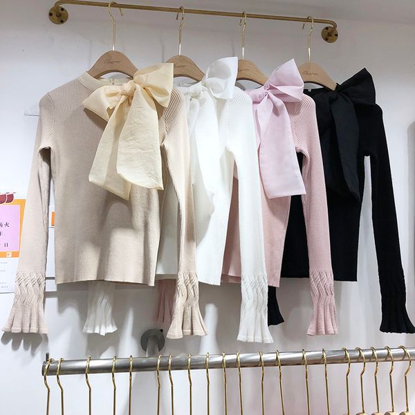 

lady big bow round neck sweater women horn sleeve knitted sweater high elastic sweaters jumper femme, White;black