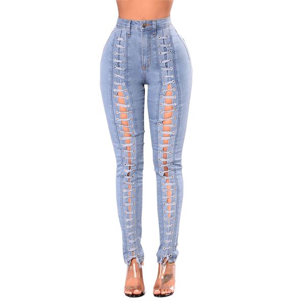 

spring women bandage denim pencil jeans mid waist cross strap pencil pants female high elastic trousers, Blue