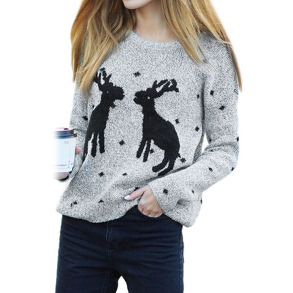 

new autumn winter warm christmas deer knitted sweater women casual o-neck long sleeve slim knitted pullover sweater, White;black