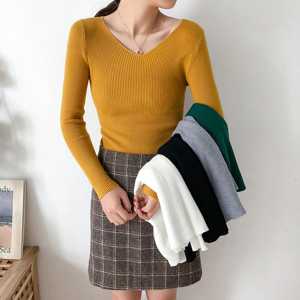 

winter women sweaters and pullovers 2019 new autumn clothing wool blend casual solid knitted long sleeve womens v neck basic, White;black