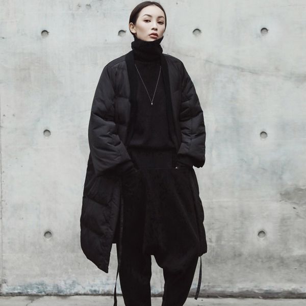 

2019 solid casual plus size jacket winter parka v collar belt japanese loose long cotton coat female clothes women q h143, Black