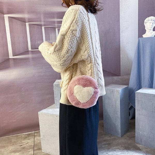 

fashion plush shoulder bag women chain crossbody messenger handbag love heart round female girls small purse