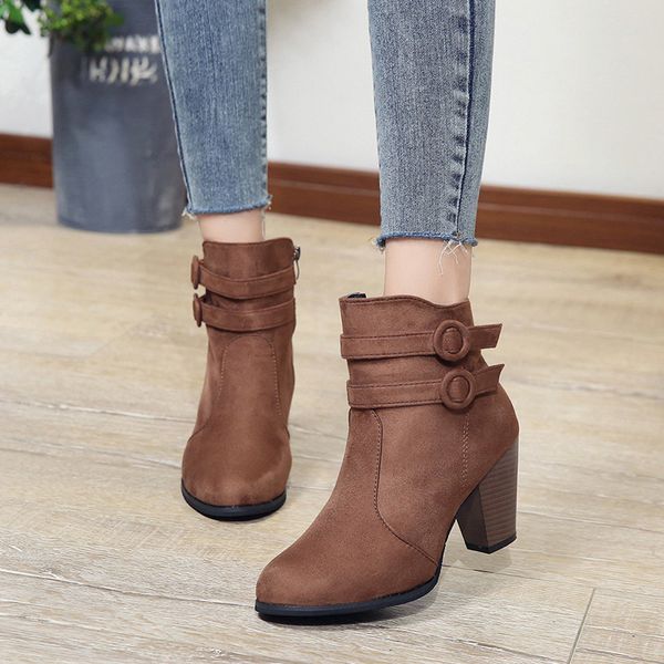 

mhysa 2019 boots children's shoes fashion new women's high-heeled shoes ankle boots women's buckle platform suede high 8cm, Black