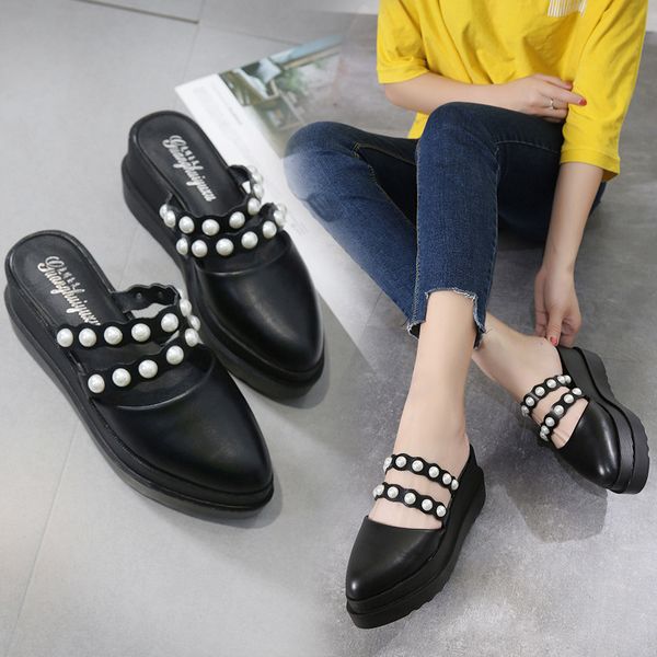 

high heels mules female wedges slippers ladies platform shoes luxury pearl beading slides summer pointed toe flipflops pantoffle, Black