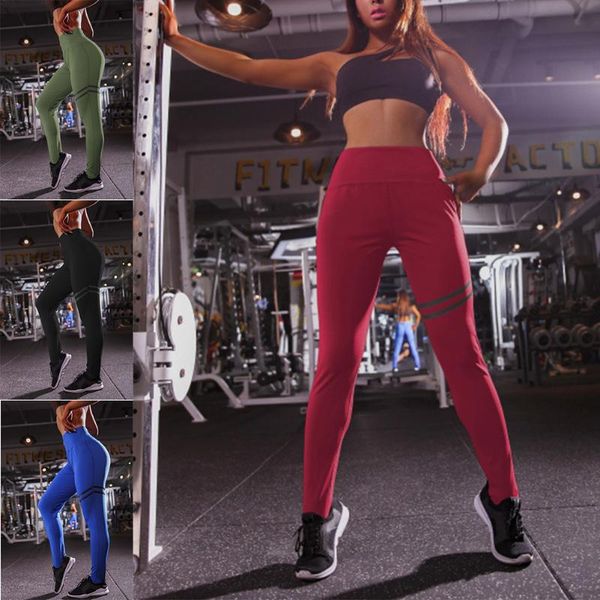 

women high waisted yoga pants full length sport trouser solid color leggings for fitness h7jp, White;red