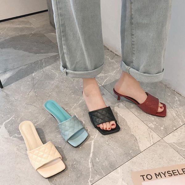 

lattices sewing candy slippers women square toe slides stiletto med high glass heels flip flops brief plaid sandals women shoes, Black