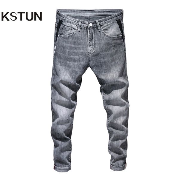 

мужские узкие джинсы брюки серый светло голубой стрейч джинсы мужчины бренд качество мода случайные джинсовые брюки мужская одежда длинные б, Blue