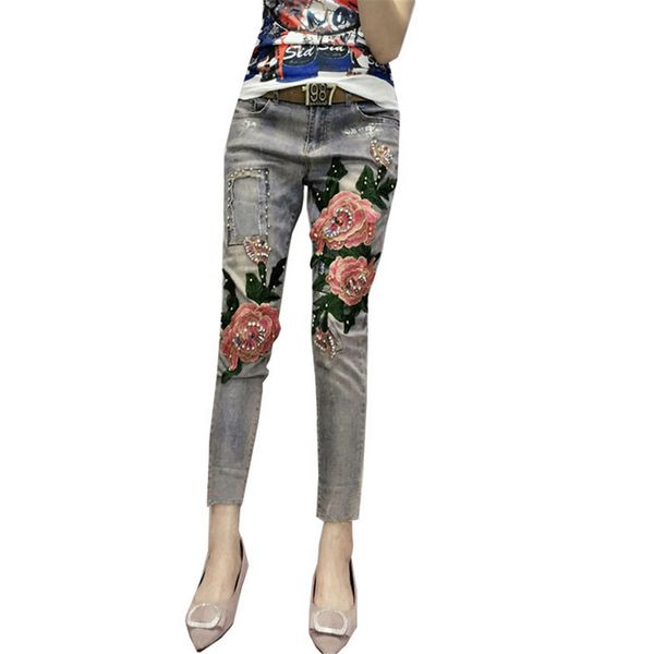 

женские эластичные 9-центовые джинсы с золотым тиснением, Blue