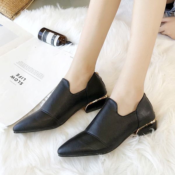 

2019 autumn rough wind with single shoe with deep sharp small leather shoes leisure time women's shoes, Black