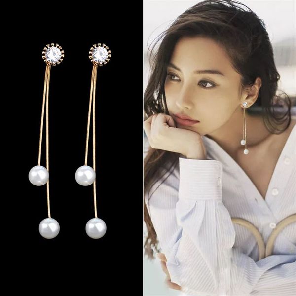 

ek249 elegant pendientes flecos 2019 women long earring cz pearl charm pendent snake chain tassel earring bridal wedding jewelry, Silver