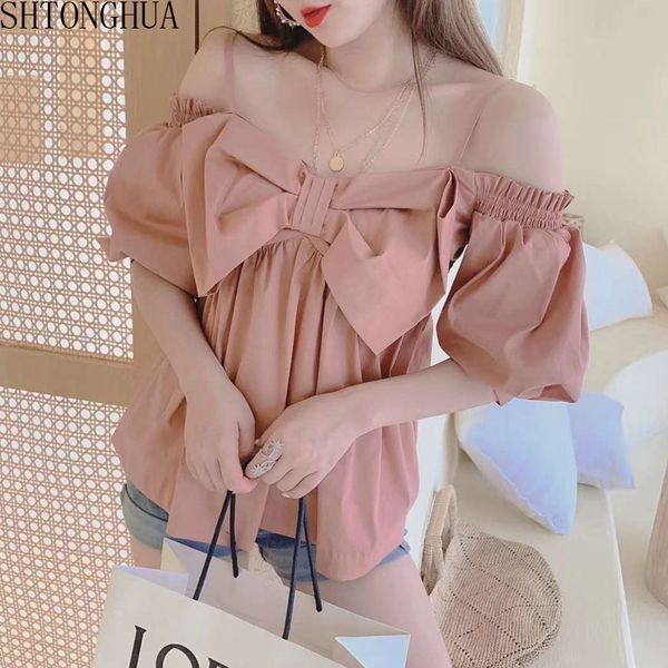 

summer blouse woman hollow off shoulder strap lantern sleeves loose butterfly female summer shirt ladies blusas, White