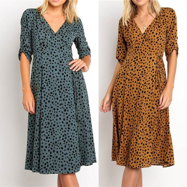 

fashion women cross v-neck short sleeve leopard print bandage boho casual dress, Blue;gray