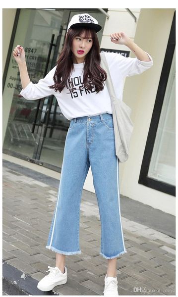 

2019 autumn and winter new nine points women's pants straight edging wide leg pants on both sides of the white strip women's jeans, Blue