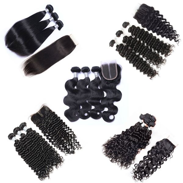 

Peruvian Virgin Hair Weave 3 Bundles with Lace Closure Unprocessed Remy Human Hair Body Wave Straight Loose Deep Curly Natural Color Can Dye