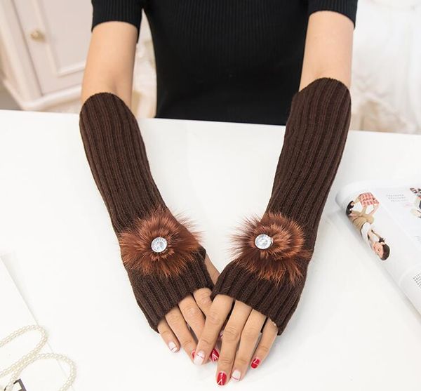 

women' autumn and winter yarn knitted gloves lady' thicken warm fingerless gloves fur ball arm sleeves r109, Blue;gray