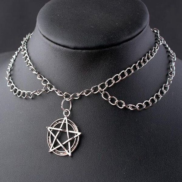 

multilayer necklace supernatural pentagram necklace triangular sun choker bird skull pendant women gothic jewelry friendship, Silver