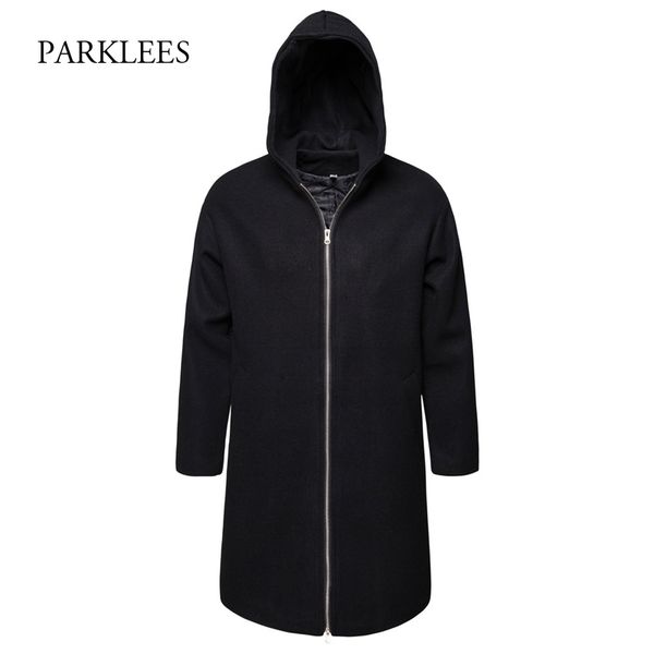 

2019 winter men's long hooded trench coat black wool hoodie zipper trench coats for male casual slim fit windbreaker abrigo lana