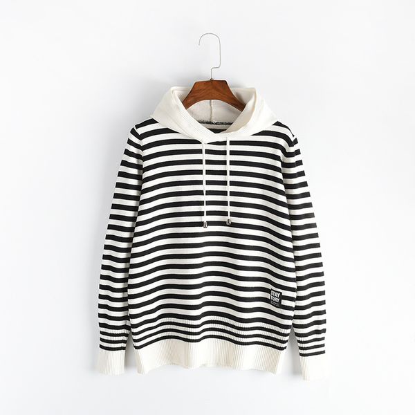 

свитера с капюшоном пуловер осень зима новый женский полосатый трикотаж свободные леди топ женский джемпер, White;black